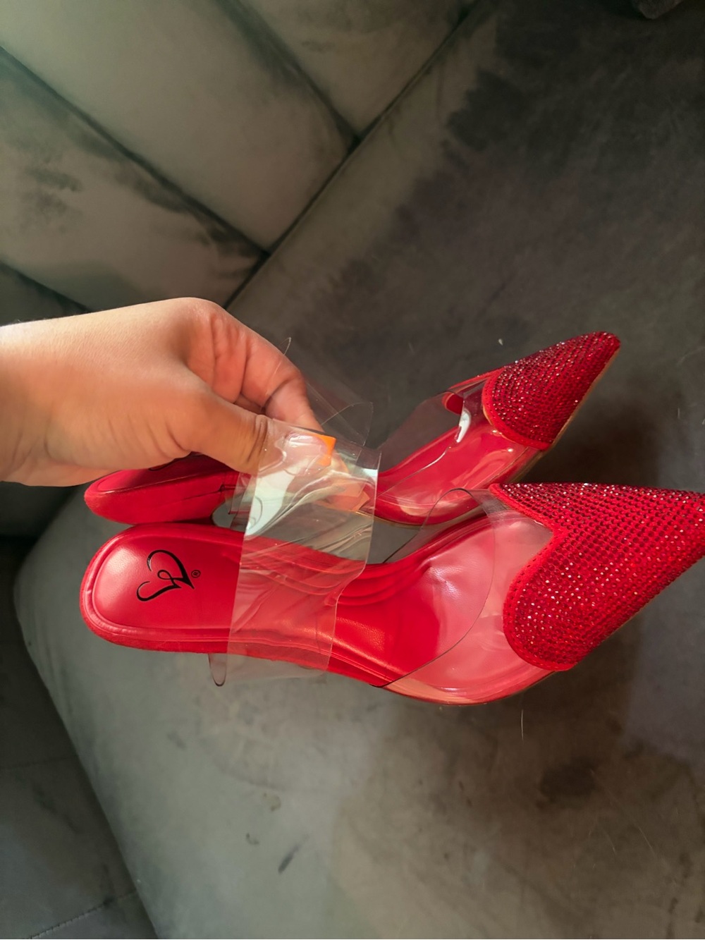 Red Pointed Toe Clear Strap Heeled Mules